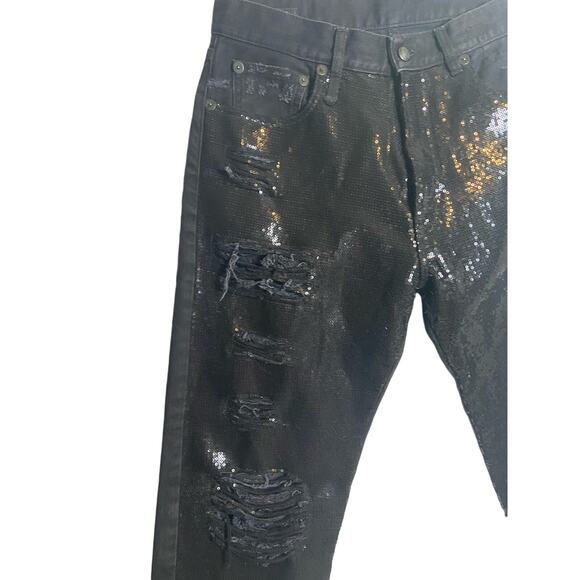 R13 Sequin Boyfriend Jeans Women's 26 Black Denim Distressed - Picture 5 of 14